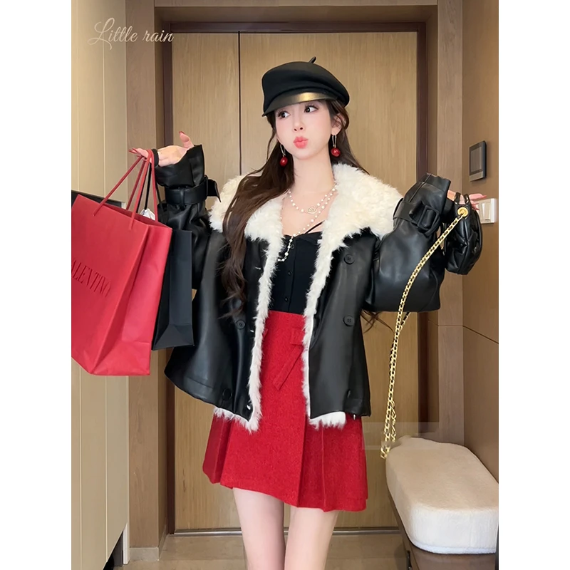 小雨姐姐【热度狙击】休闲时尚大翻领毛毛夹棉加厚皮外套女冬季新款