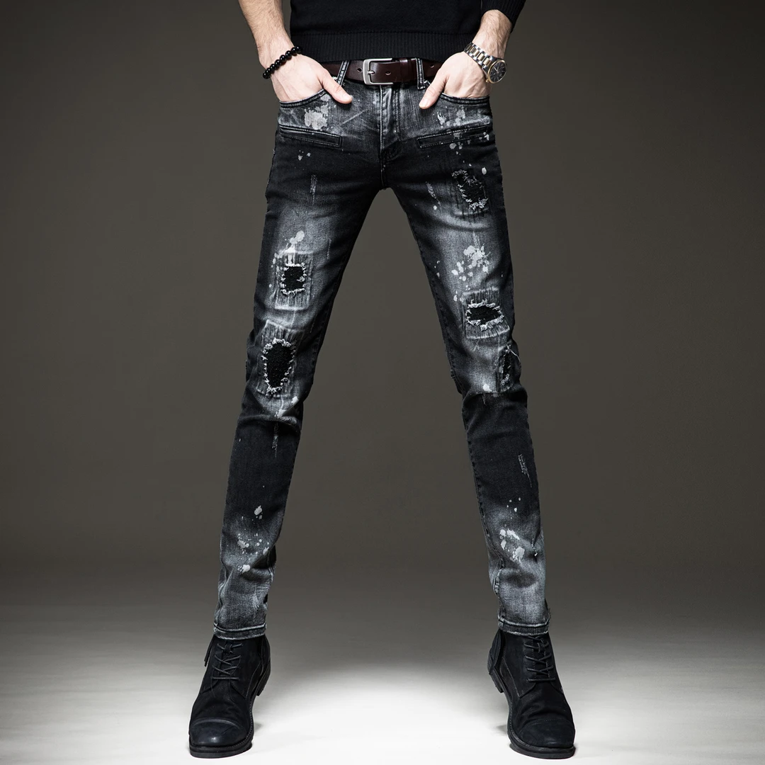 MR.MUDI/穆迪先生欧美高街潮牌破洞复古牛仔裤男秋季小脚弹力泼墨