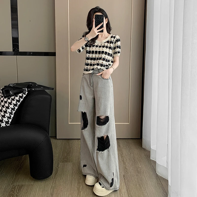 裤子阔腿裤高腰直筒夏季宽松短袖套装防晒衣女款外穿罩衫针织上衣