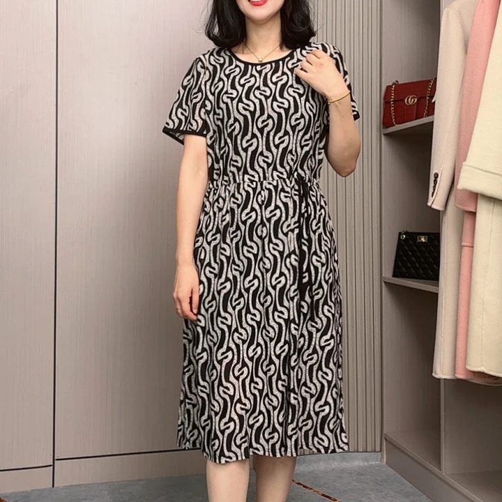 圆领侧系带妈妈夏季宽松大摆连衣裙碎花时尚显瘦洋气短袖中长款