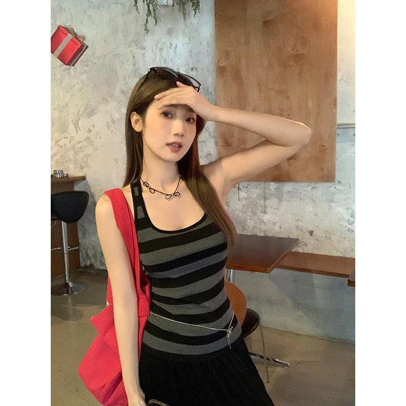 美式辣妹灰色条纹大领口无袖背心吊带女夏季外穿修身紧身美背上衣