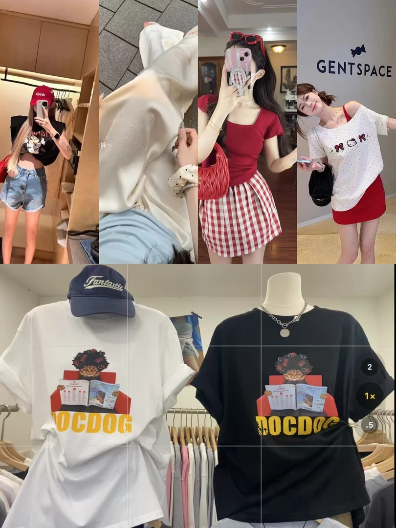 圆领直筒型印花短袖通勤猫咪T恤夏季宽松套装女款