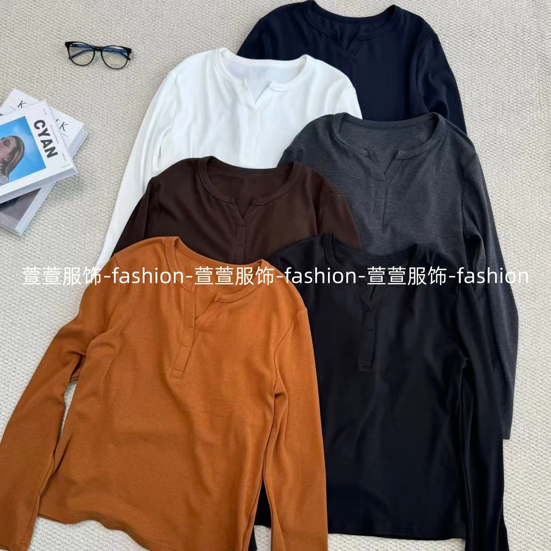 【萱萱服饰】CXT631秋季新款简约洋气休闲百搭纯色高级套头V领长袖