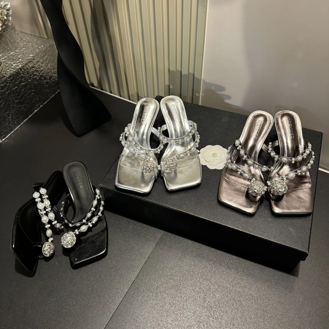 【现现】夏季时尚新款珍珠水钻鸽子蛋设计气质百搭休闲爆款凉拖-5CM