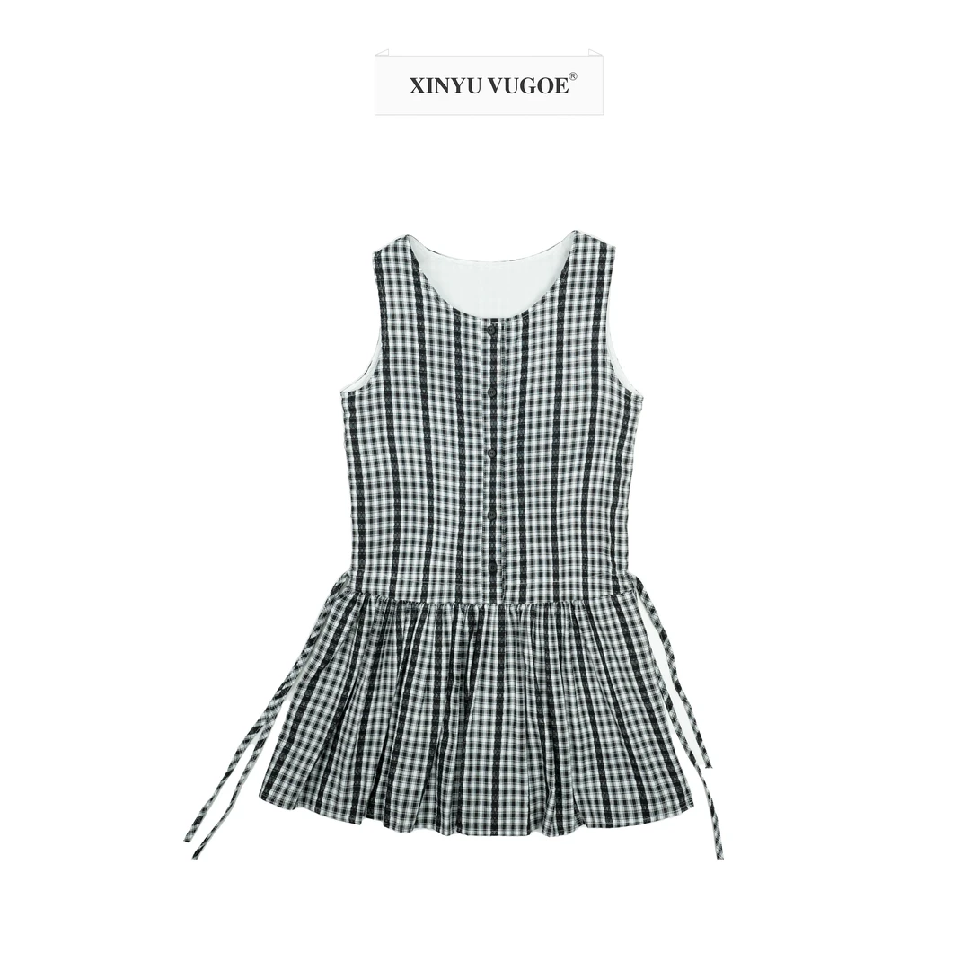 复古少女系带背心连衣裙夏季女拼接百褶短裙叠床甜美连衣裙8001