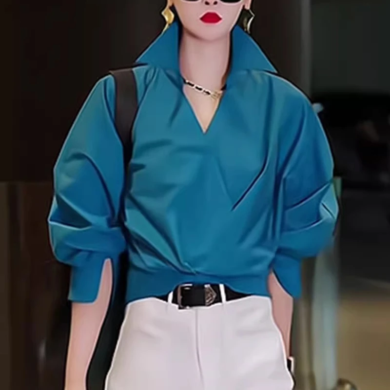 欧货翻领蓝色衬衫女秋季设计感宽松显瘦独特别致漂亮叠穿气质上衣