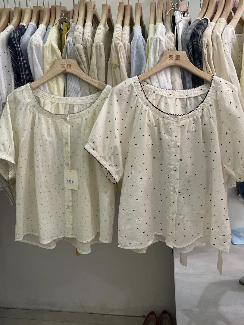 9933#蓝黑色线领小衫夏季休闲