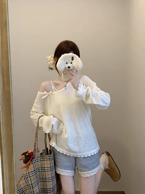 蝴蝶结蕾丝薄款松弛感微透宽松t恤斜肩上衣长设计感灰色短裤套装