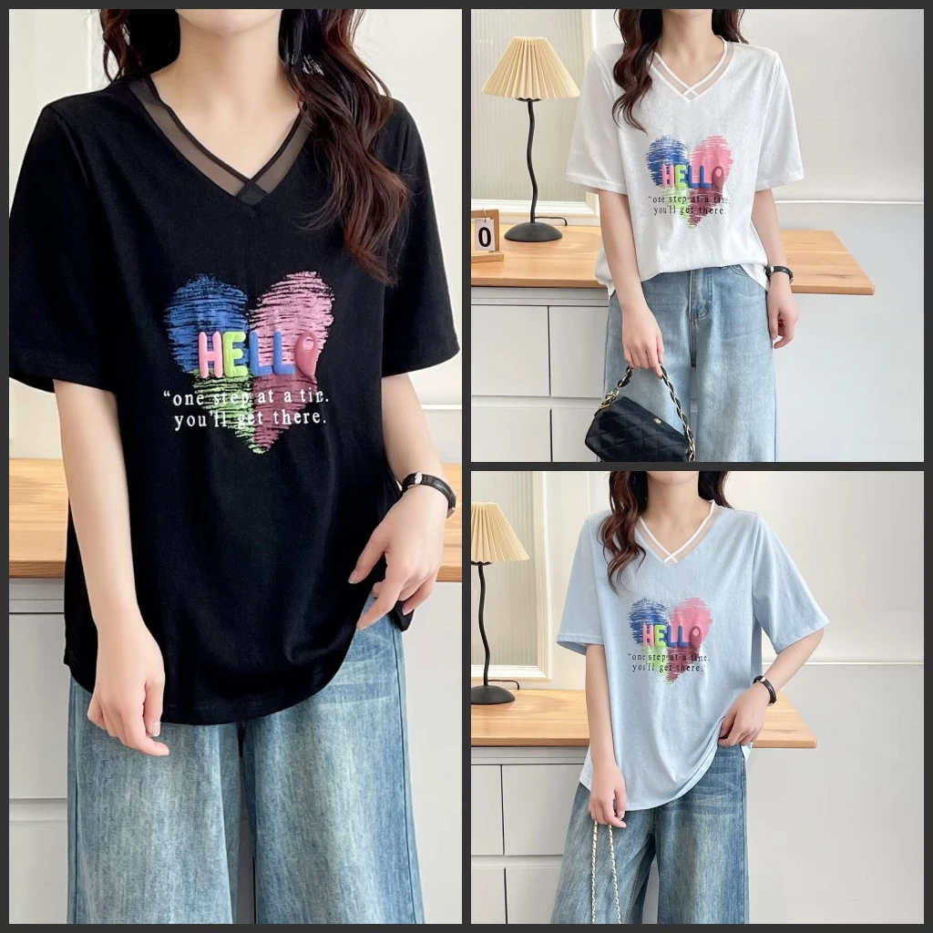 【琦琦】110-200斤大码女装胖mm洋气时尚设计感领口印花短袖T恤