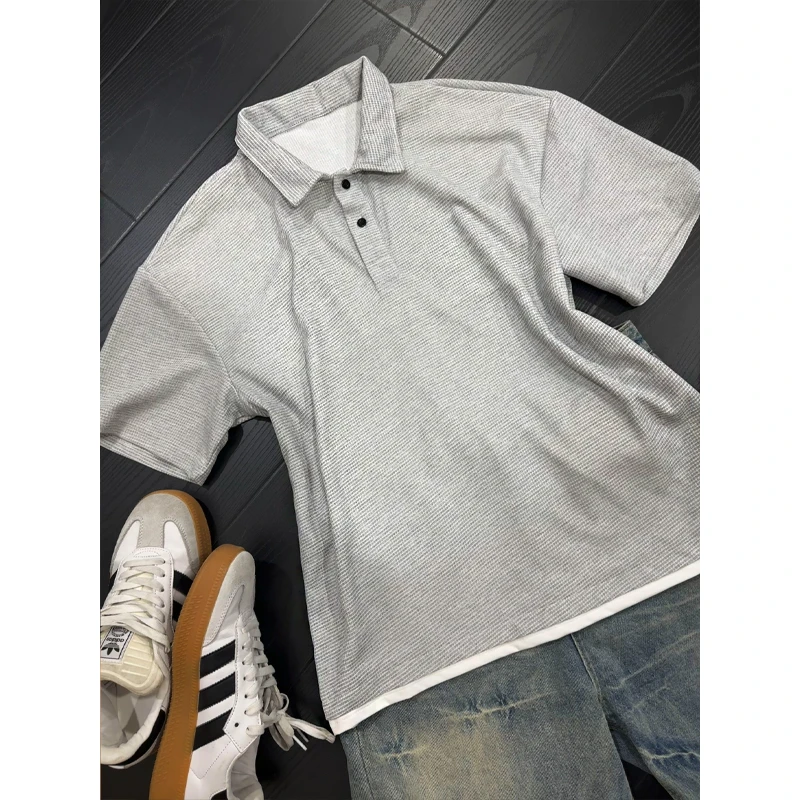 美式假两件polo衫男夏季少年感华夫格翻领t恤休闲重磅正肩短袖潮