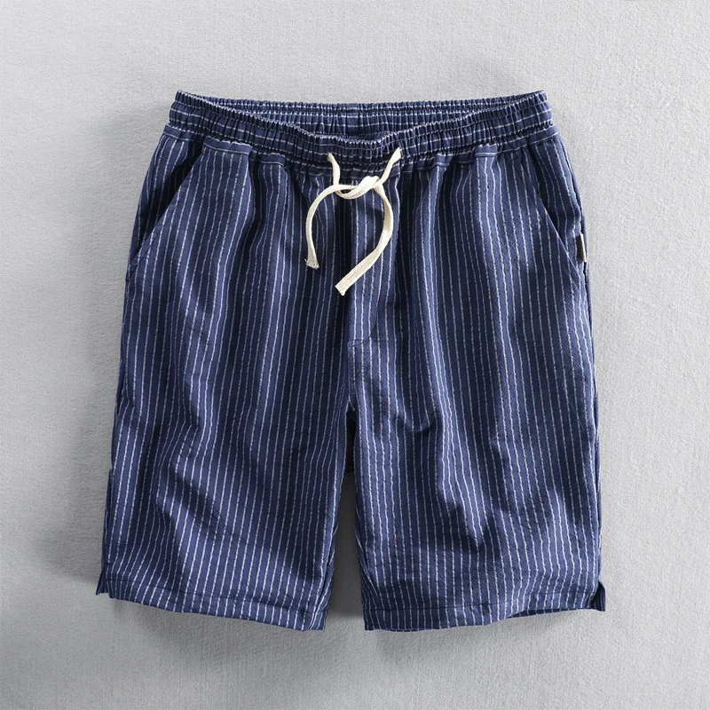 CAOMINMAYI/草民麻衣夏男士简约条纹短裤休闲宽松薄款直筒五分裤