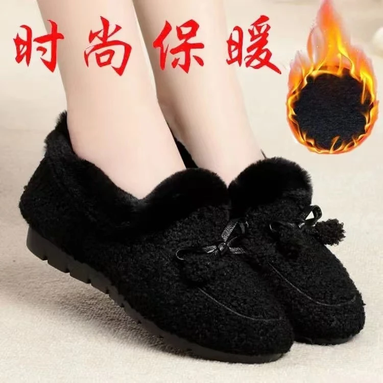 新款毛毛鞋女秋冬鞋轻便软底百搭休闲鞋加绒保暖豆豆鞋女中老年时