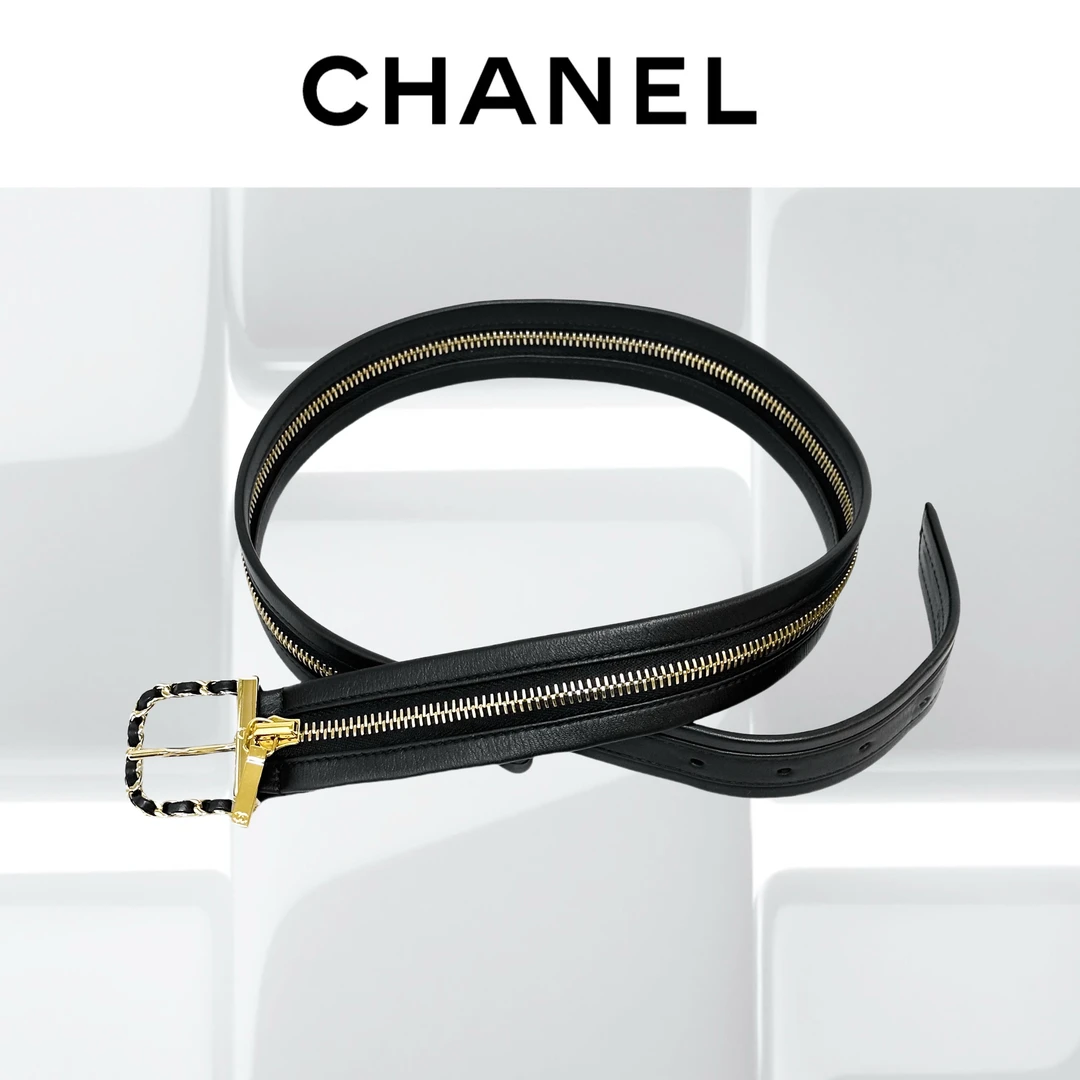 99新 Chanel/香奈儿 80/32cm 黑金 皮穿链条 拉链 腰带