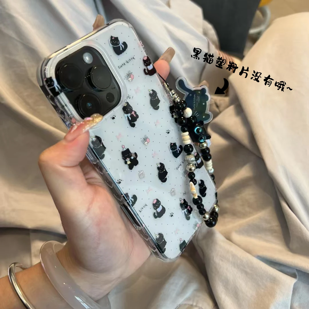 奥菲顿黑猫咪珠子挂绳适用iPhone16大孔手机壳华为vivo小米oppo套