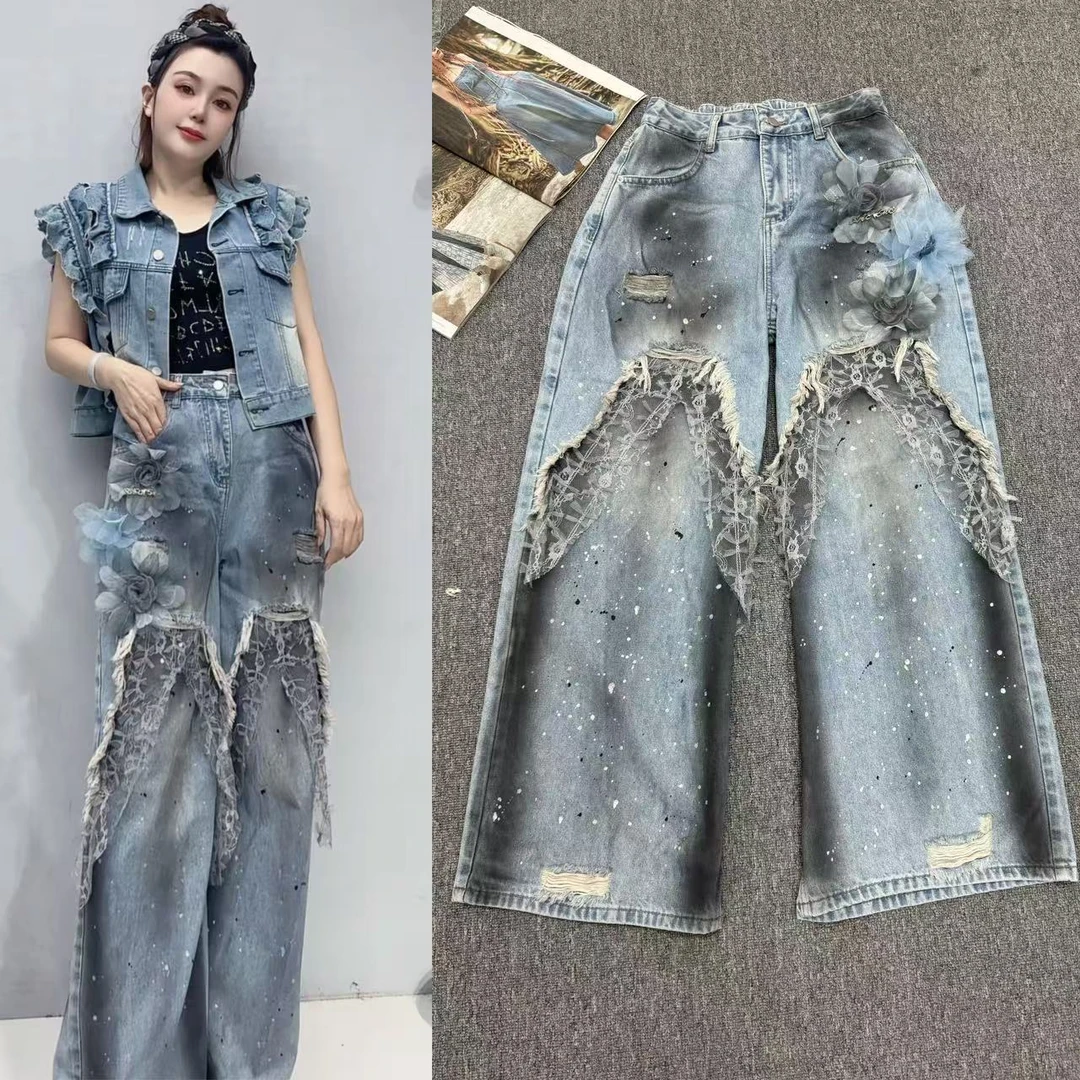 欧货女装原创设计师2025夏季新款喷漆晕染脏脏款拼立体花朵牛仔裤