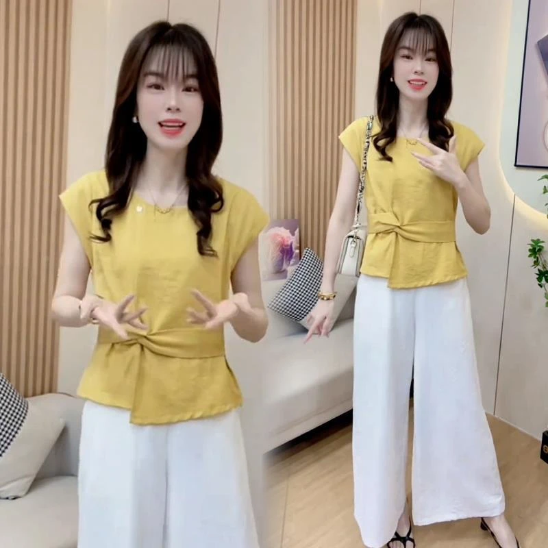 女士收腰显瘦上衣阔腿裤百搭两件套2025夏季爆款韩系潮流时尚套装