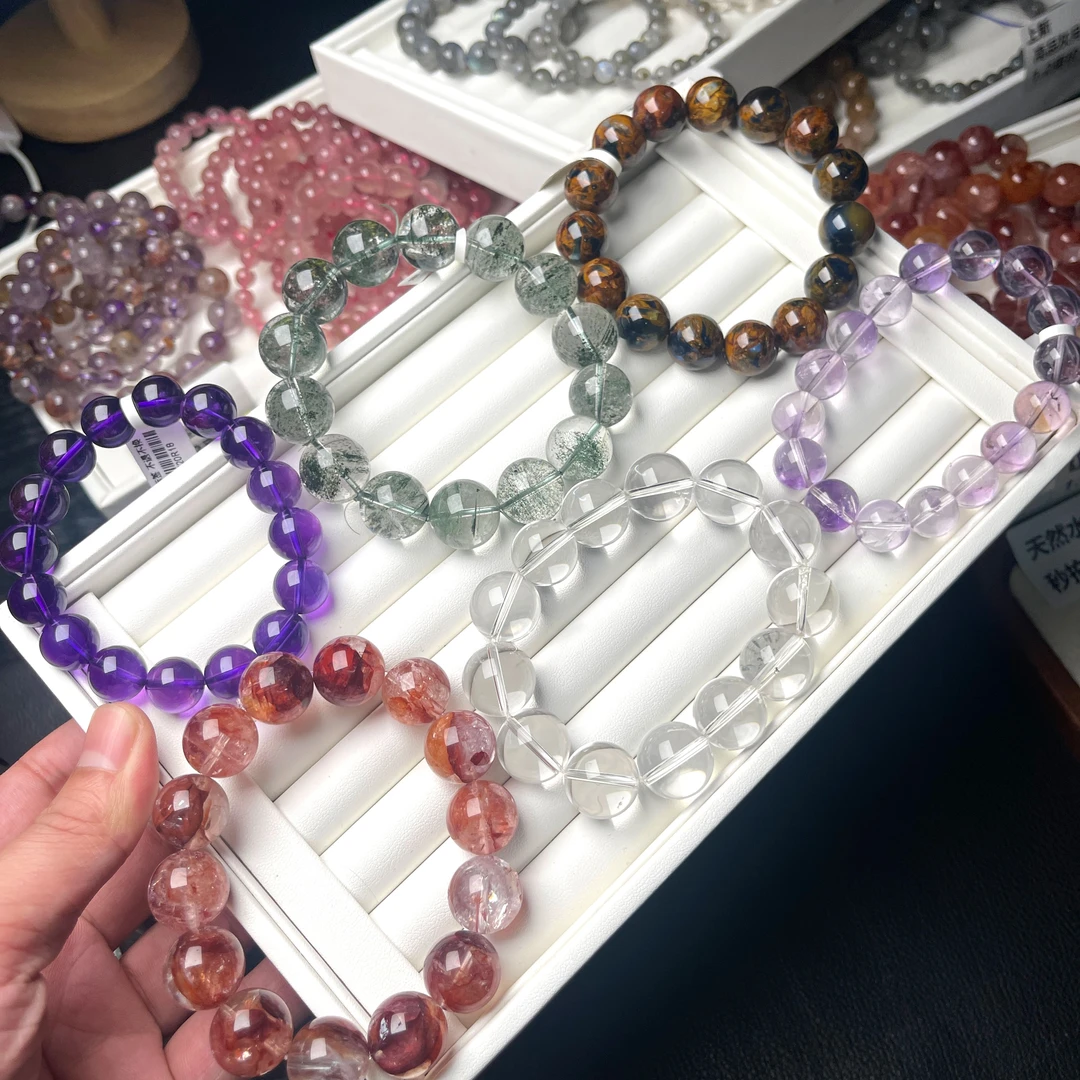 天然紫水晶绿幽灵红胶花粉晶莫粉灰月光蓝晶石金发手串手链