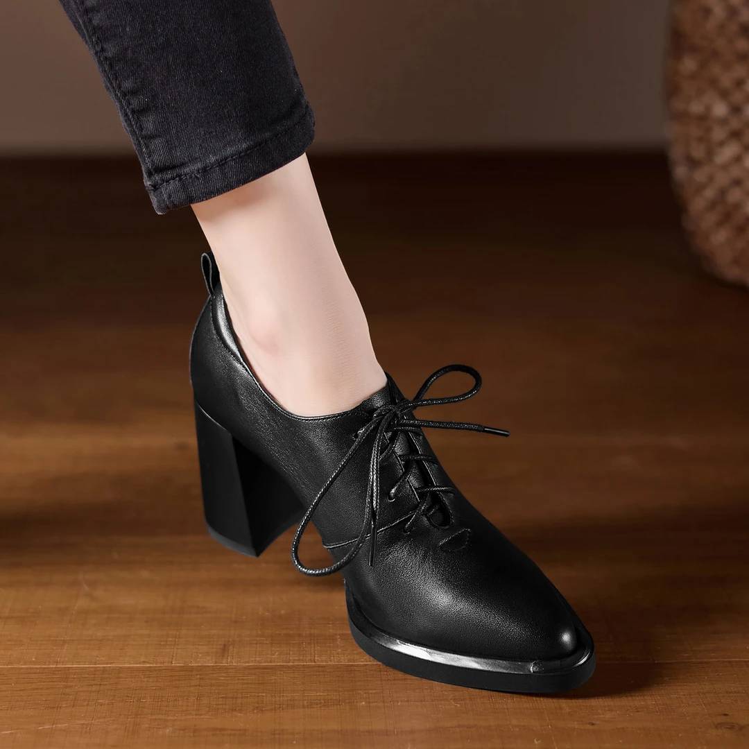 8.5cm法式高跟鞋英伦风小皮鞋金属铁头尖头粗跟单鞋百搭真皮女鞋