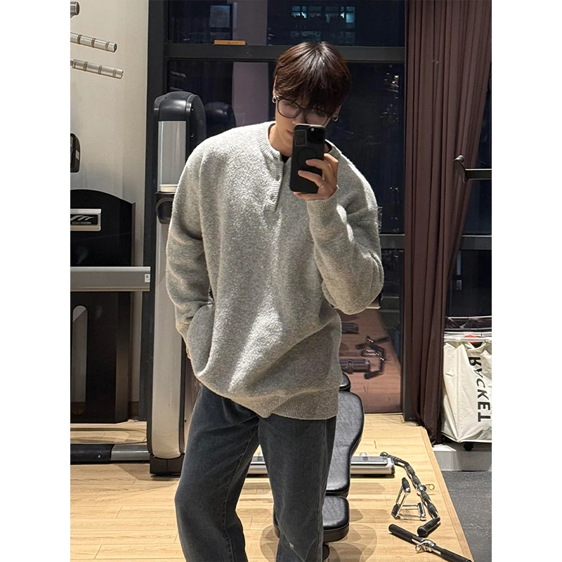 美式重磅亨利领毛衣男款春季慵懒风高级感复古线衣针织内搭打底衫