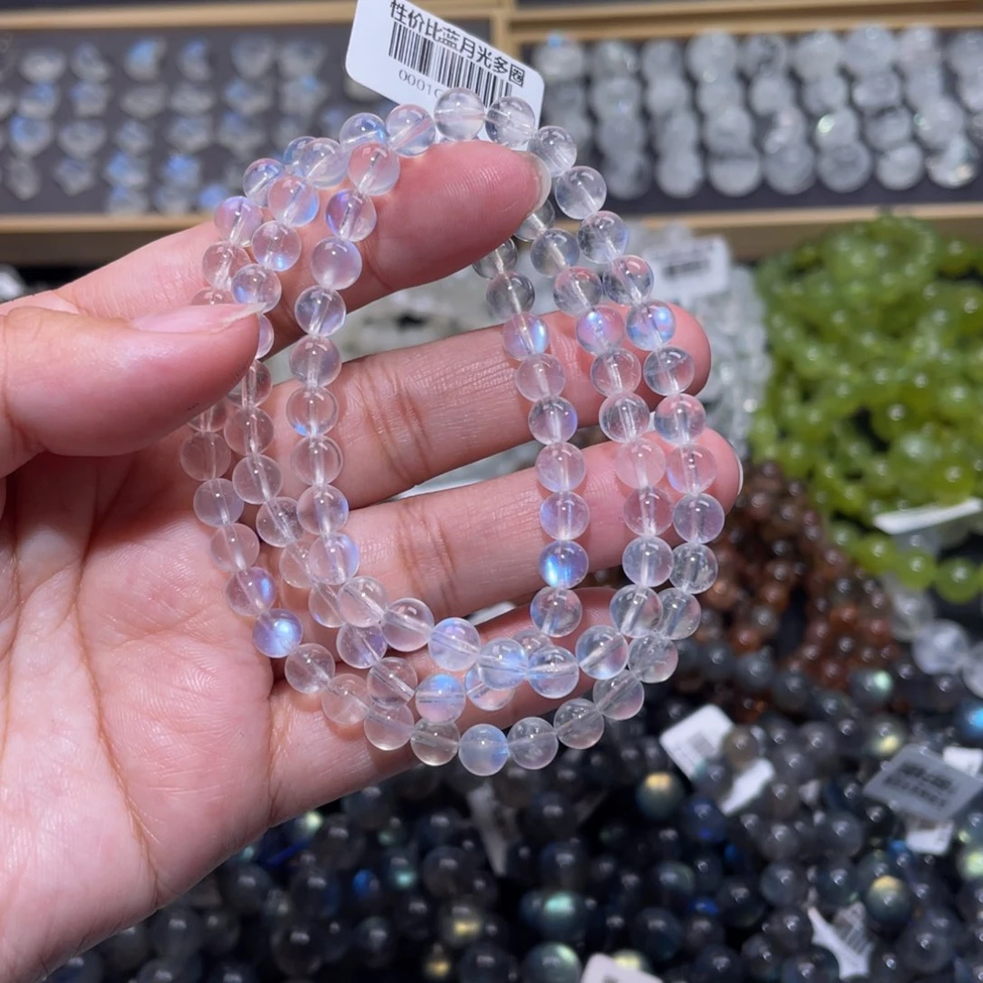 月光石手链未镶嵌元**?冰透体蓝月光手链多圈6mm