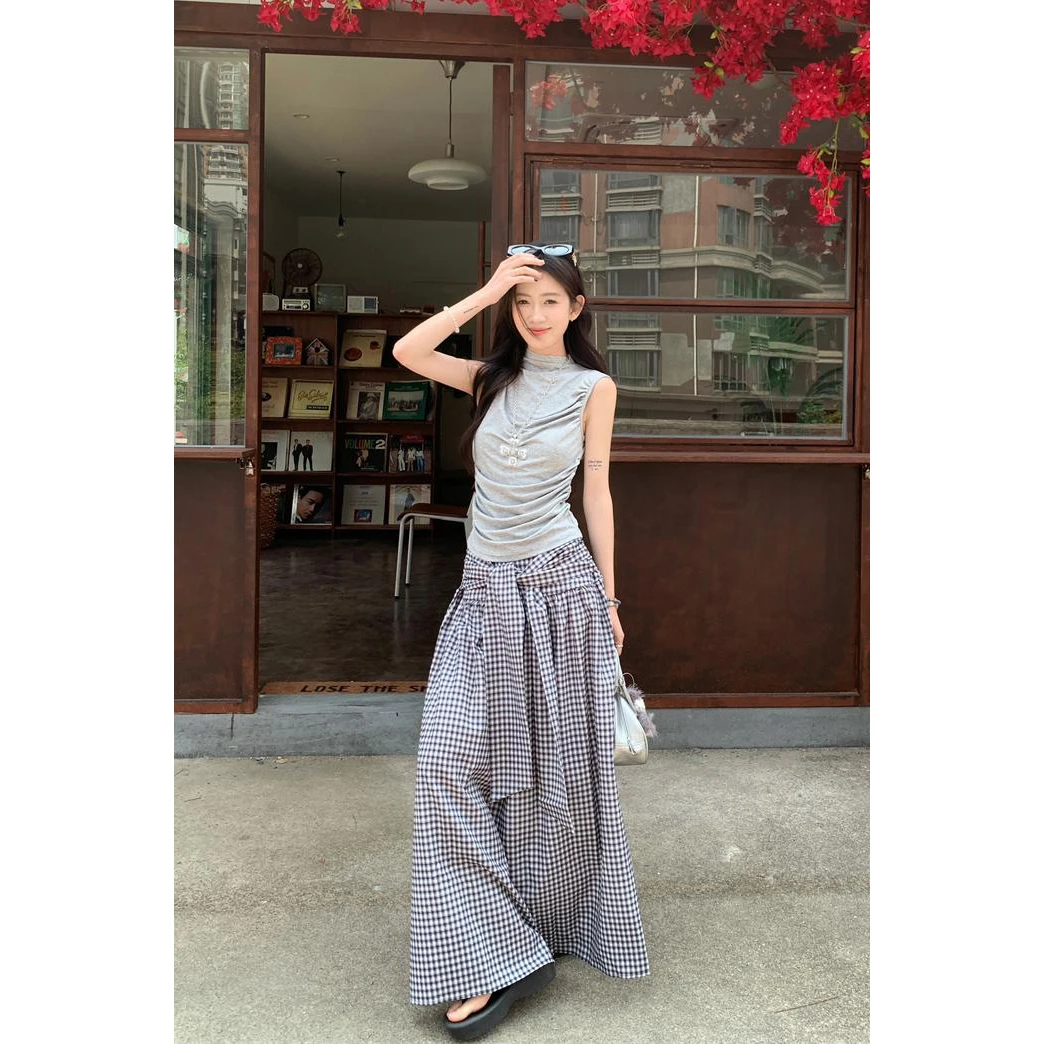 半高领背心女夏季外穿2025新款设计感格纹小众绑带格子裙两件套