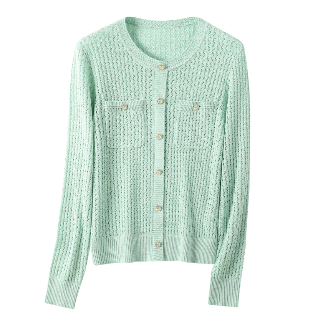 春季圆领小香风针织镂空设计感开衫气质宽松显瘦上衣 6W7536