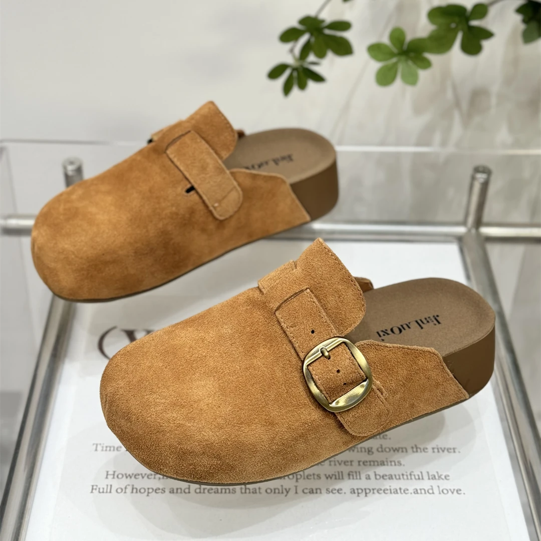 真皮厚底半拖勃肯鞋女爆款今年秋季流行复古磨砂皮包头半拖鞋外穿