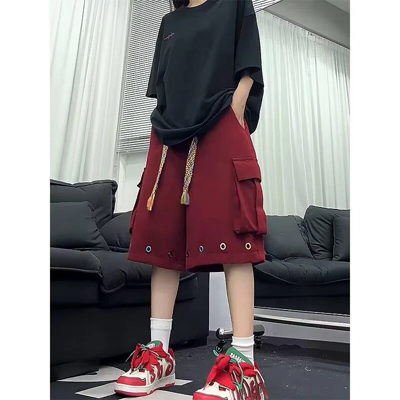 美式复古酒红色工装短裤男夏季新款抽绳六分裤潮牌宽松休闲中裤潮