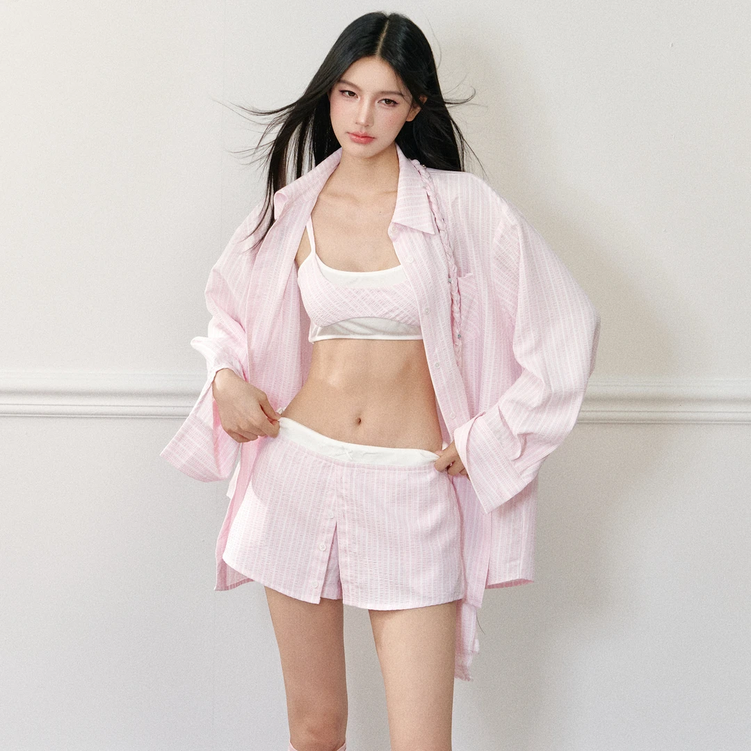 AGAM STUDIO 【官方专享】衬衫假两件背心+假两件裙裤+绳条纹衬衫