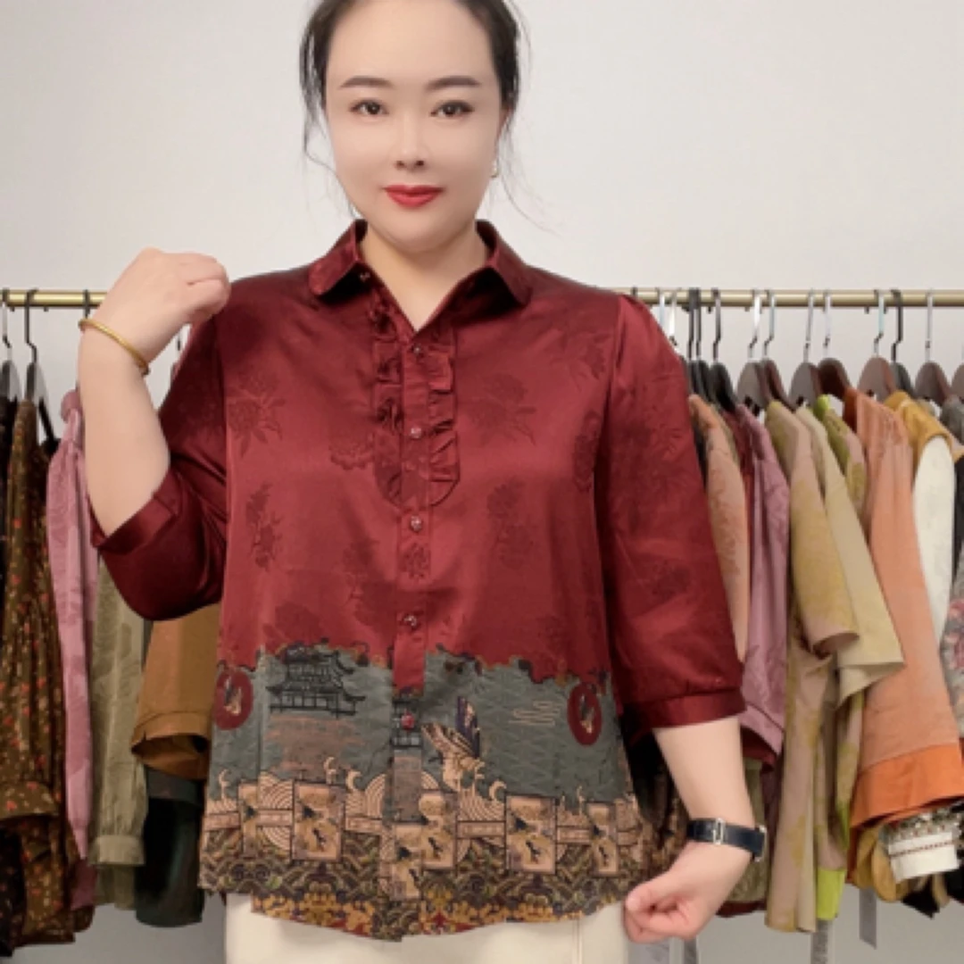 小衫网红薄款七分袖时尚衬衫重磅翻领中老年女装宽松