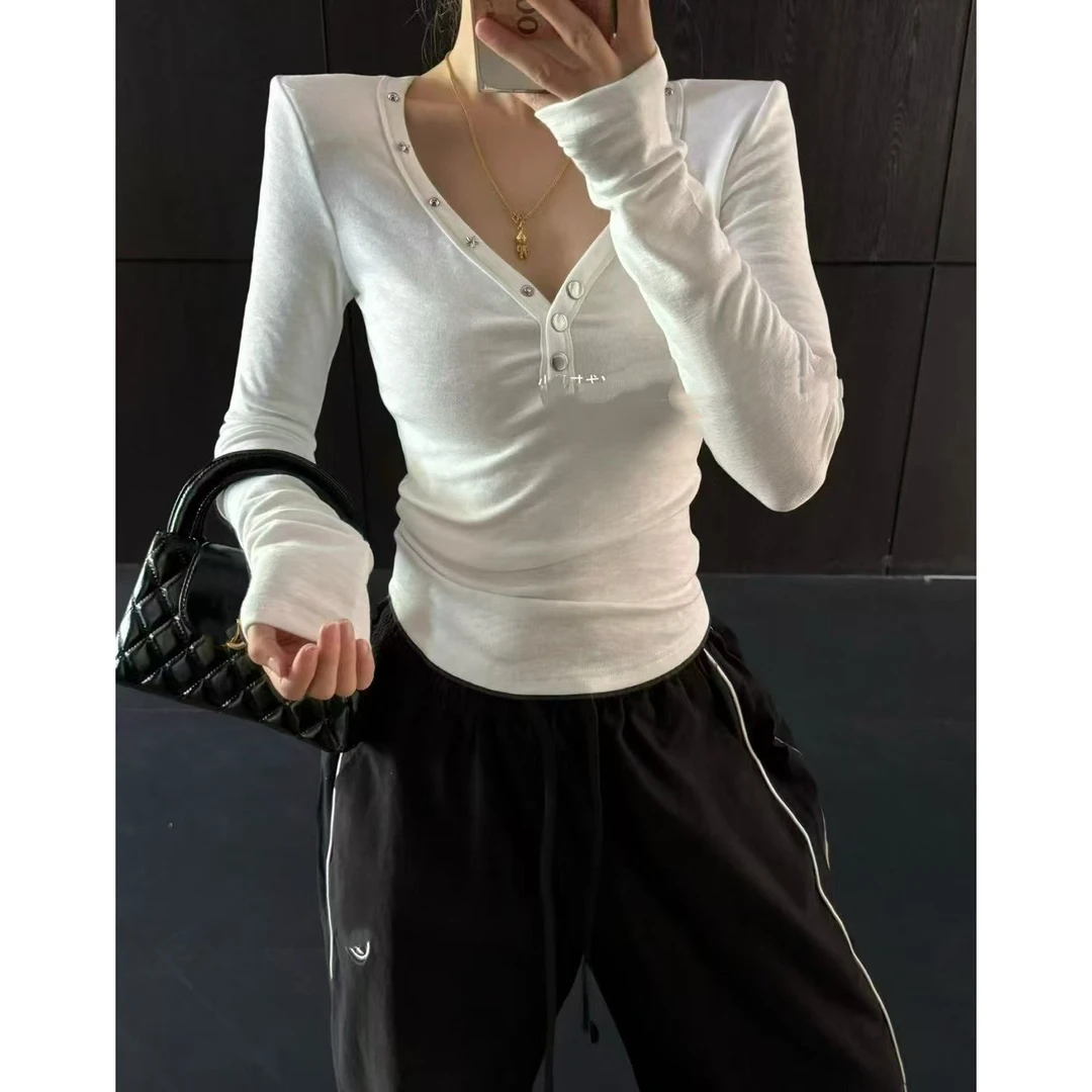纯欲V领磨毛打底衫女2025秋冬新款韩版设计感辣妹修身显瘦长袖T恤