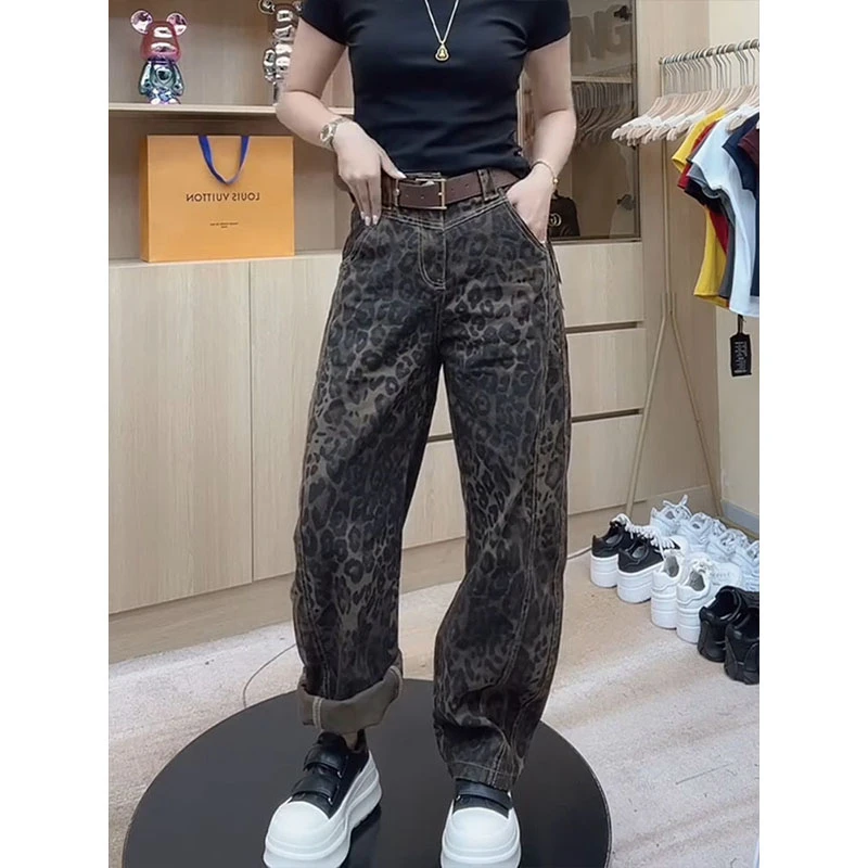 美式复古高腰窄版直筒弯刀裤女2025秋季爆款豹纹设计感显瘦牛仔裤