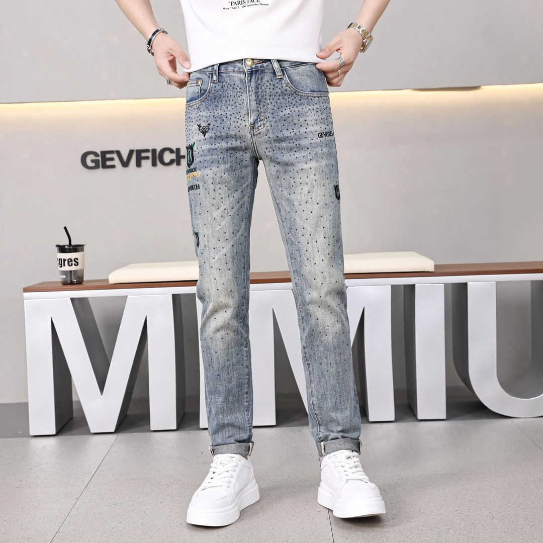 春夏季高定满天星烫钻男士牛仔裤时尚轻奢百搭修身小直筒男装裤子