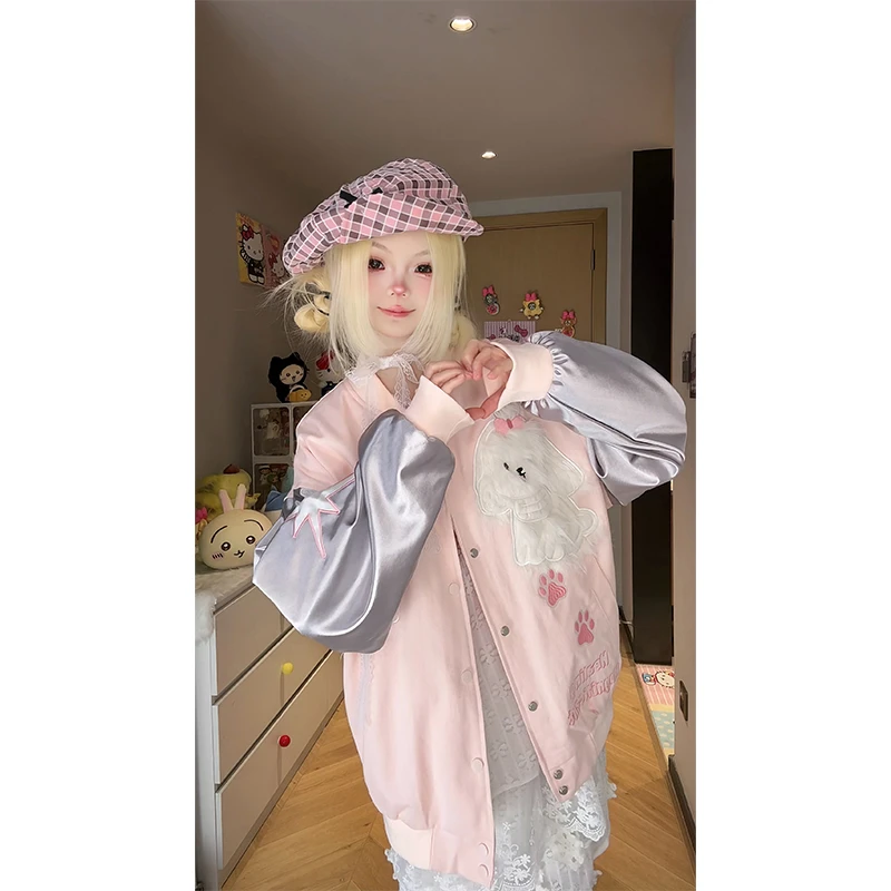 凛可爱 设计感卡通小狗刺绣早春外套女拼接百搭洋气棒球服上衣