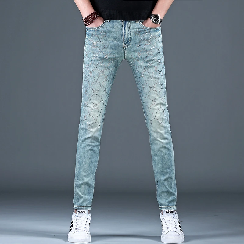 男士重工烫钻牛仔裤男款高级春夏2025新款高端裤子男修身小脚潮牌