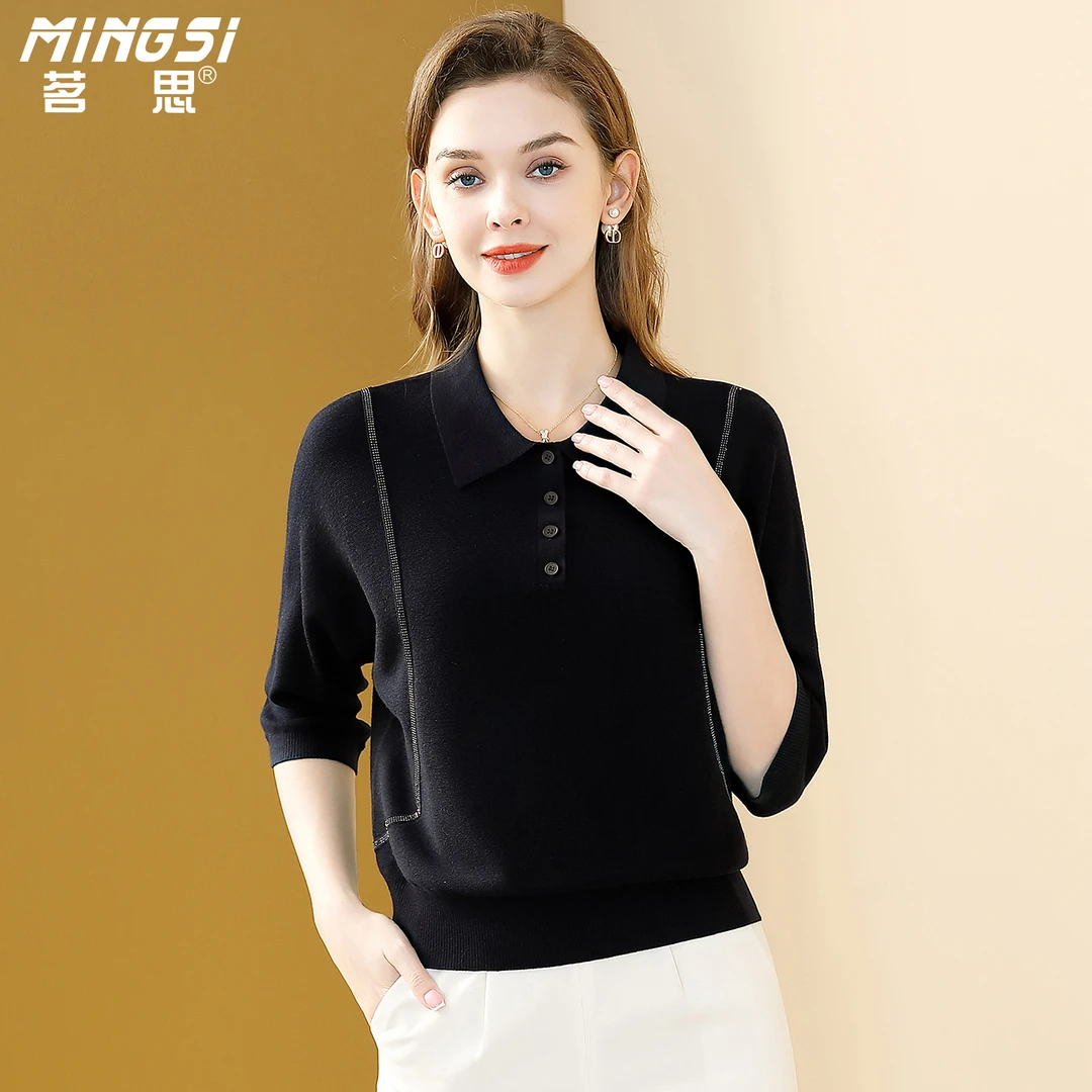 茗思休闲通勤洋气Polo领针织衫秋季2025新款百搭显瘦女士气质上衣