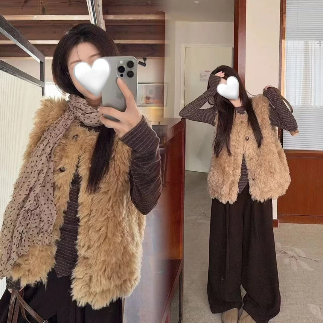 修身型可爱风秋冬翻领短款马夹时尚圆领冬季宽松型毛毛保暖毛马甲