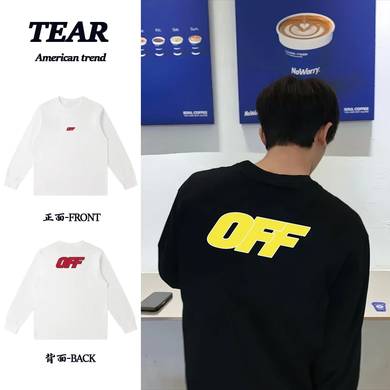 美式重磅纯棉OFF字母印花长袖T恤宽松百搭ootd穿搭潮流男女同款