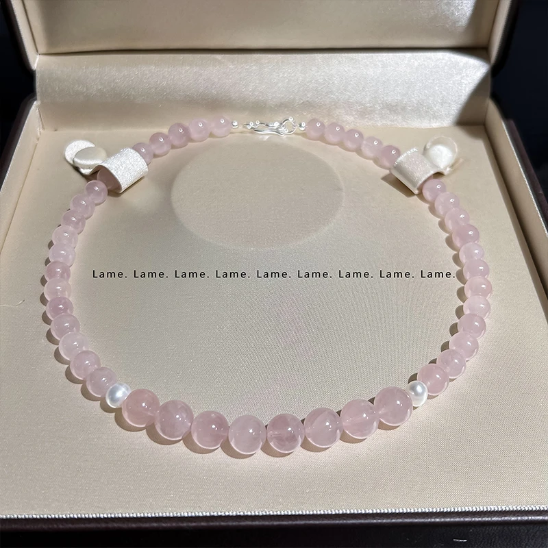 拉蜜天然马达加斯加粉水晶项链女珍珠锁骨链高级感小众银S925颈链