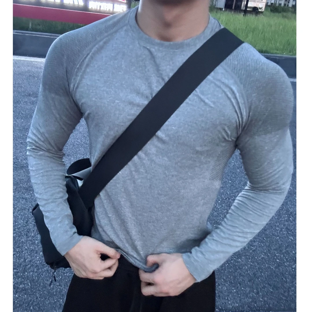 GTAL无缝提花长袖运动男子速干训练健身户外弹力修身纯色圆领上衣