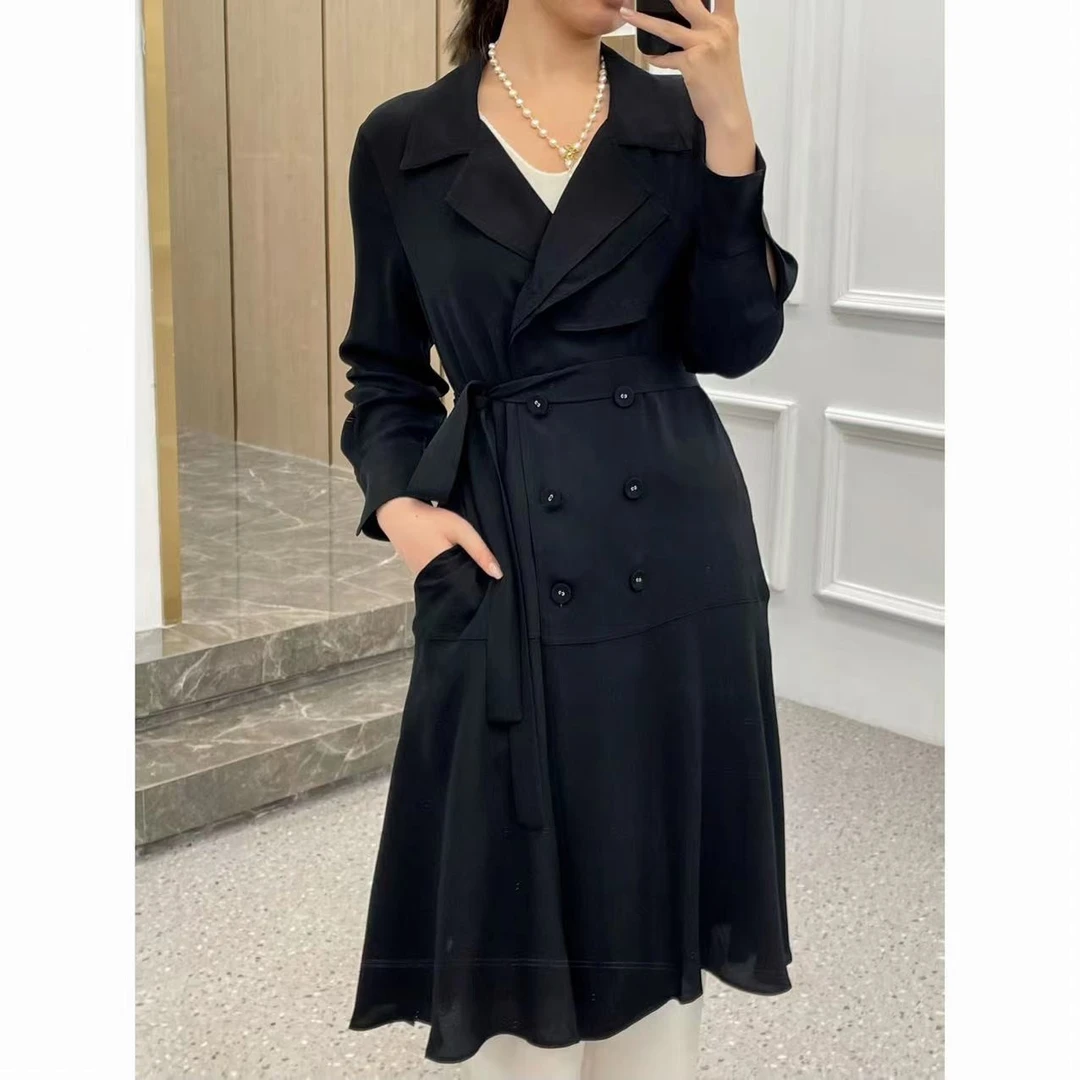 【花滿林】纯色30姆米重磅桑蚕丝鬼绉本布包扣风衣3265