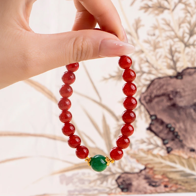 天然红玛瑙配绿玛瑙顶珠手链 多样性发一SL343