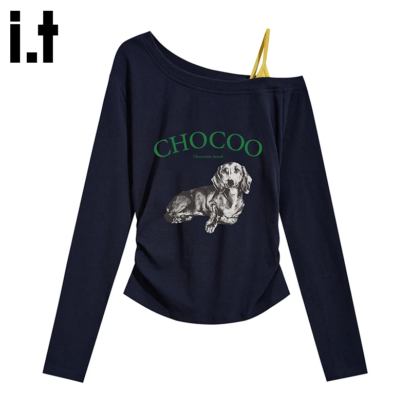 it:CHOCOOLATE美式斜肩吊带收腰显瘦长袖T恤女2025秋季新款上衣