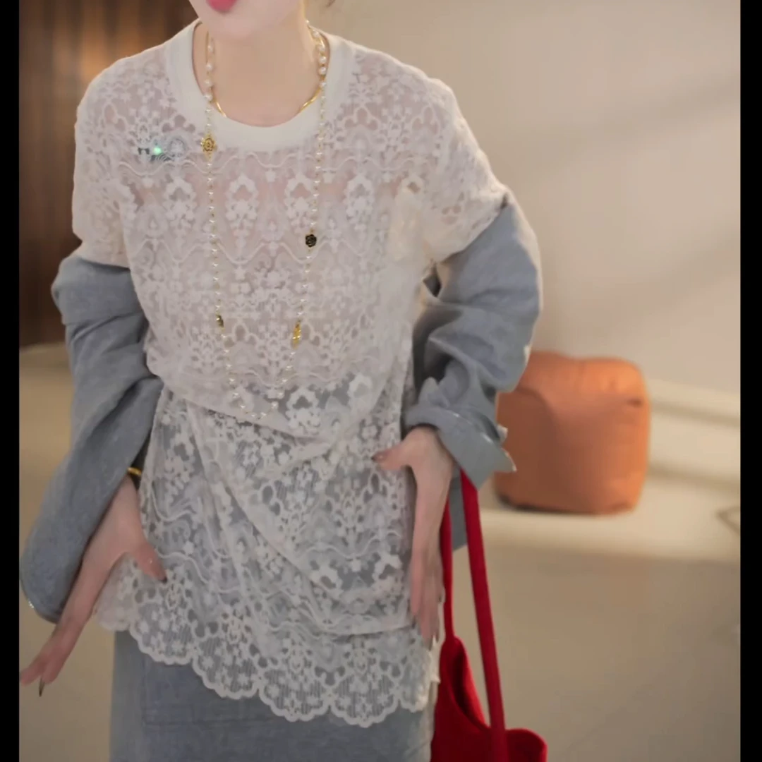 镂空蕾丝圆领罩衫气质纯欲风百搭时尚内搭打底上衣LK2502149