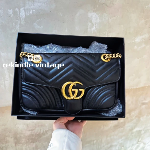95新 GUCCI/古驰 复燃精选/黑金马蒙26单肩包