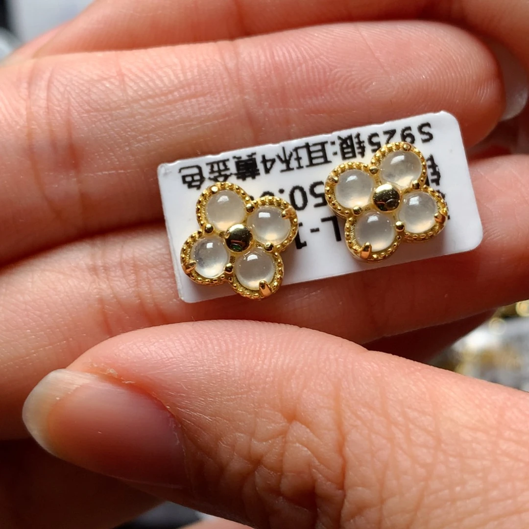 翡翠戒指银S925镶嵌天然翡翠耳饰