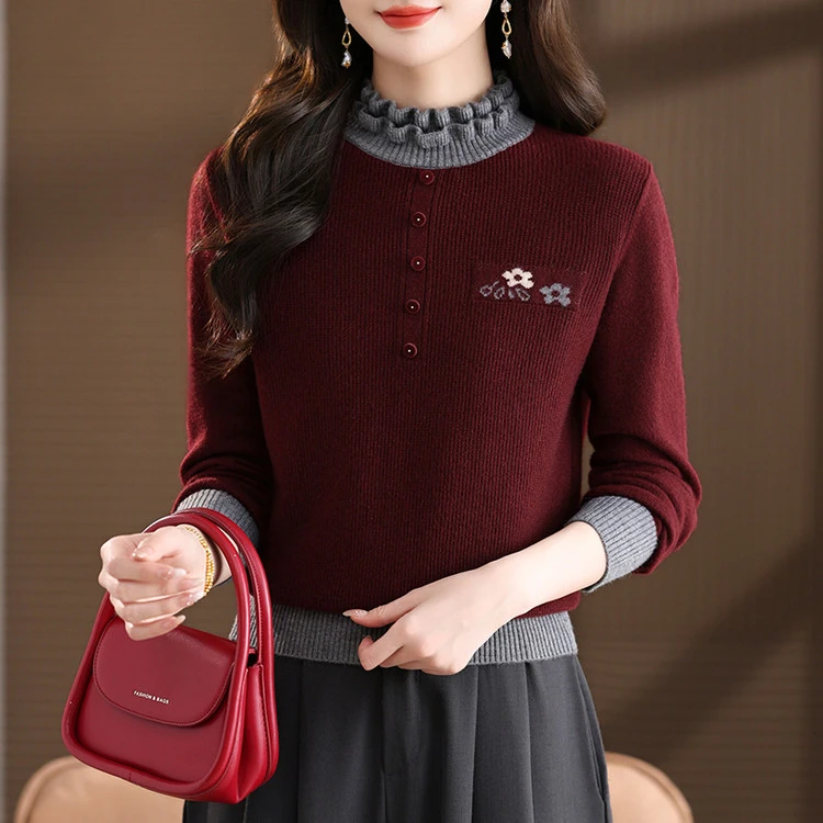 打底衫中年半高领加厚加绒毛衫女秋冬假两件立领拼色轻熟风百搭洋