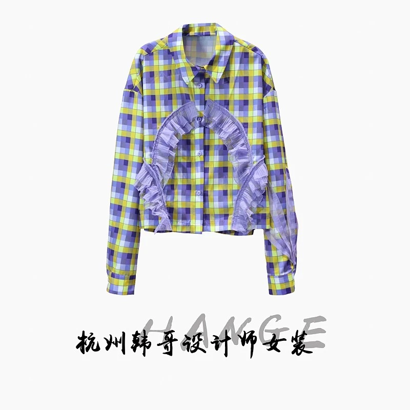【韩哥女装】2025设计师欧货黄紫撞色格纹拼接舒适蕾丝装饰衬衫6153