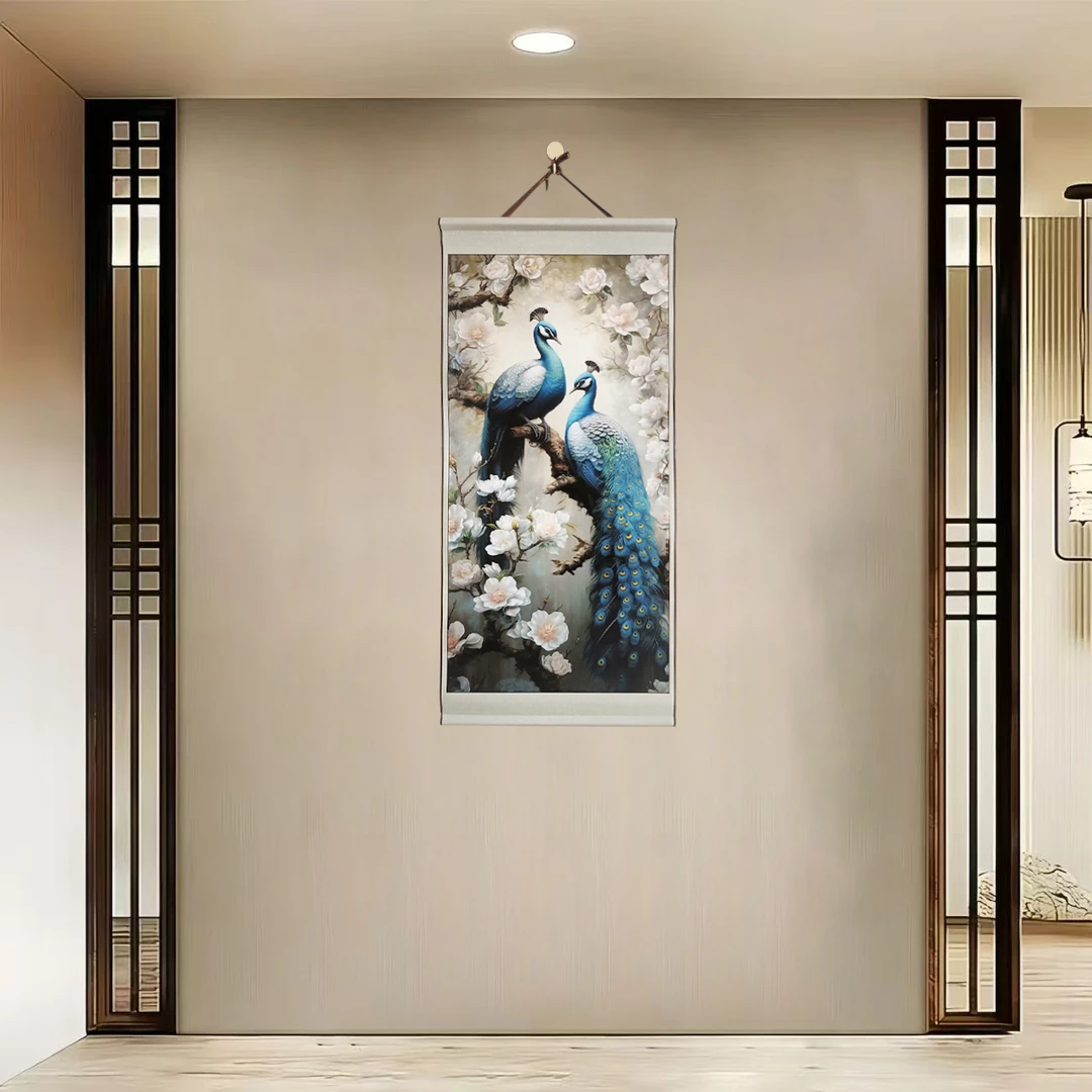{40-55双孔雀}净尺寸40x85cm现代简约挂轴装饰画办公室家居装