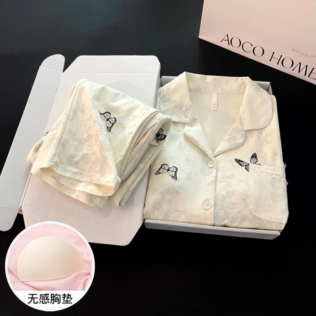 睡衣女秋冬季双面纯棉长袖带胸垫2025新款大码春秋家居服蝴蝶套装